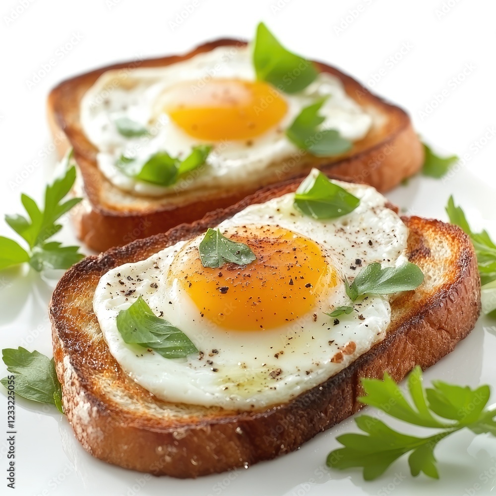 Sunny-side up eggs on toast, breakfast, food photography, white background, healthy meal Sunny-side up eggs on toast, breakfast, food photography, white background, healthy meal