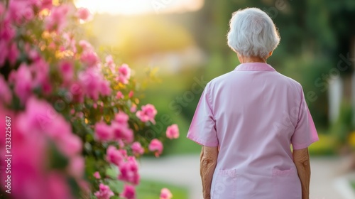 A caring nurse guiding and assisting an elderly patient through a peaceful garden environment promoting physical rehabilitation and wellness in a tranquil natural setting photo