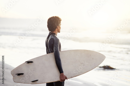 Photography Man, surfboard or surfer at beach for fitness training, workout or sports exercise at sunrise