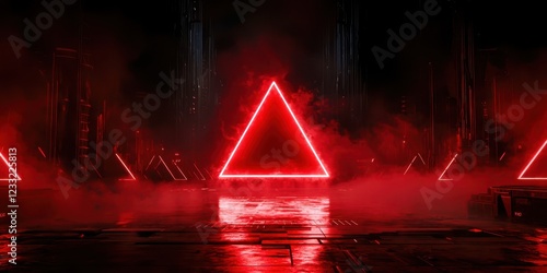 Red triangle is lit up in the middle of a dark room