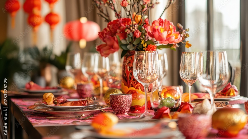 A table setting for a meal with red and gold decorations. A table setting for a meal with red and gold decorations.