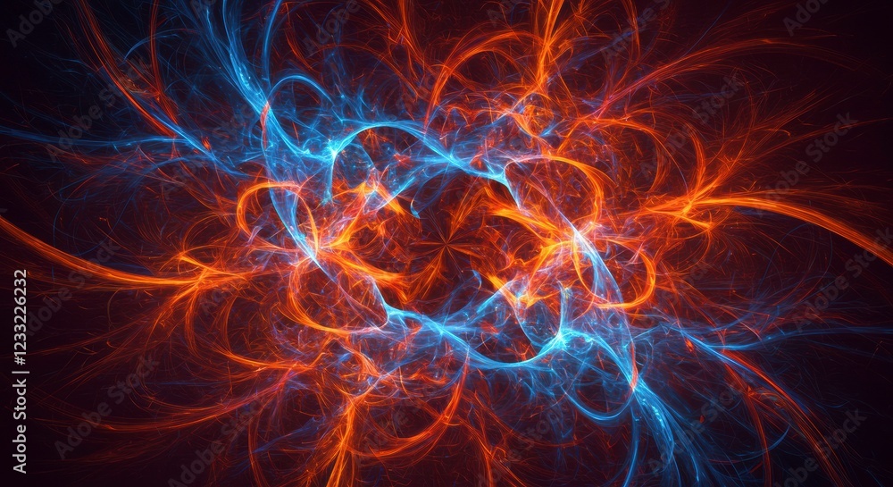 Energy Explosion: A mesmerizing fractal design bursts with dynamic energy, showcasing intricate patterns of orange and blue light that intertwine in a visually striking display. Energy Explosion: A mesmerizing fractal design bursts with dynamic energy, showcasing intricate patterns of orange and blue light that intertwine in a visually striking display.