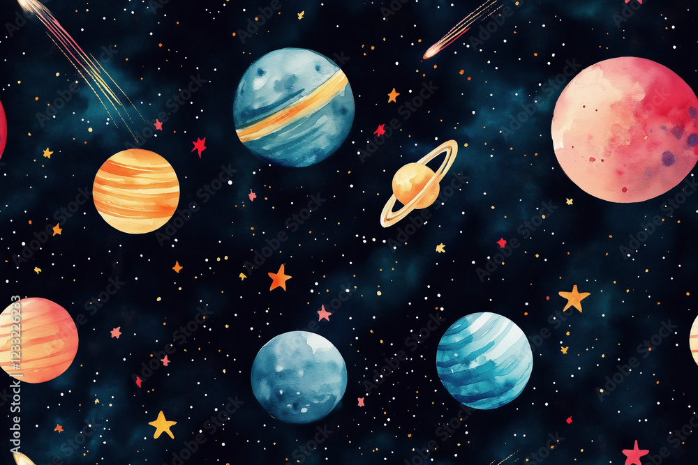 Naklejka premium Discover the Cosmos: Stunning Space Art Illustrations of Planets, Stars, and Colorful Cosmic Wonders