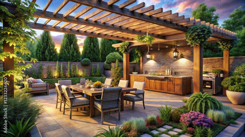 Fototapeta premium Cozy Small Backyard Pergola Kitchen and Dining Area: Embrace Outdoor Living with Stylish Design, Functional Spaces, and Comfort for Family Gatherings and Culinary Adventures