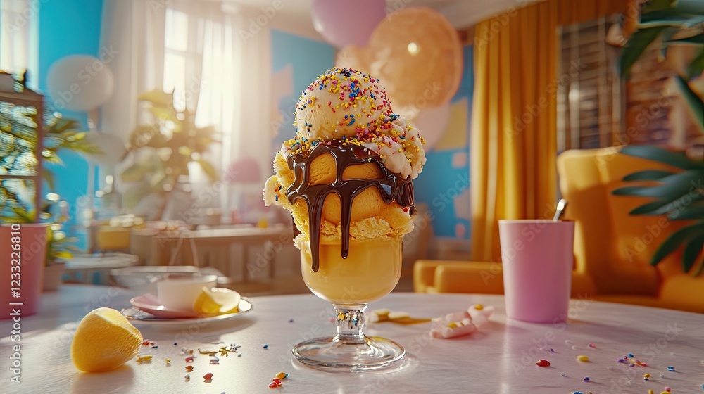 Obraz premium Delicious ice cream sundae on table, birthday party background
