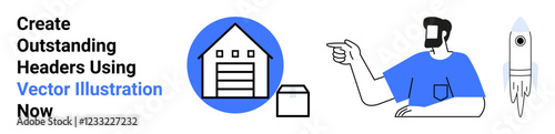 Wallpaper Mural Warehouse building, package, pointing man, and rocket figure highlight logistics, teamwork, innovation, e-commerce, marketing delivery and growth. Ideal for flat landing page banner Torontodigital.ca