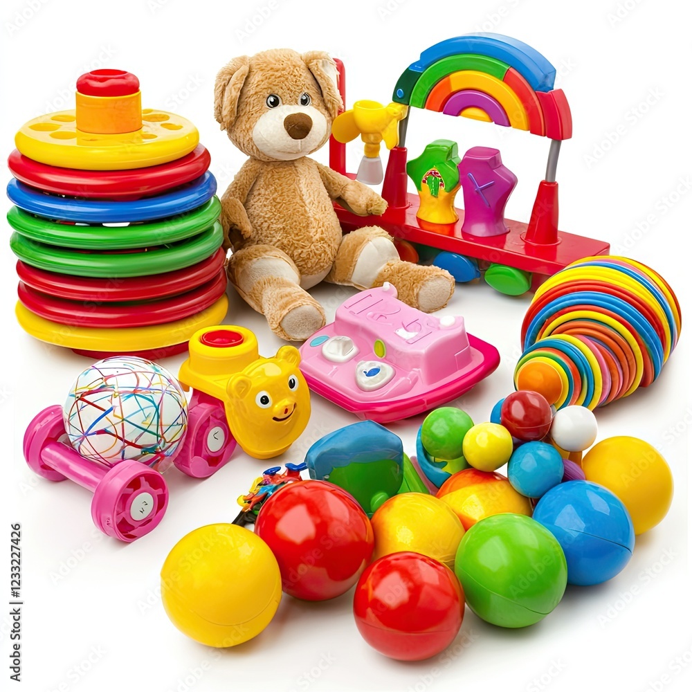 Colorful baby toys collection, studio shot, white background, playtime Colorful baby toys collection, studio shot, white background, playtime