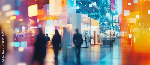 Exhibition expo event trade fair hall with busy bustling people walking to conferences in a modern hall crowded business people with a bokeh effect. Generative AI