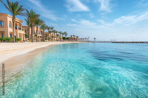 The expansive view showcases the beautiful turquoise waters and golden sandy beaches, where a lively summer scene comes to life as the sun dips below the horizon, illuminating the palm trees with a wa