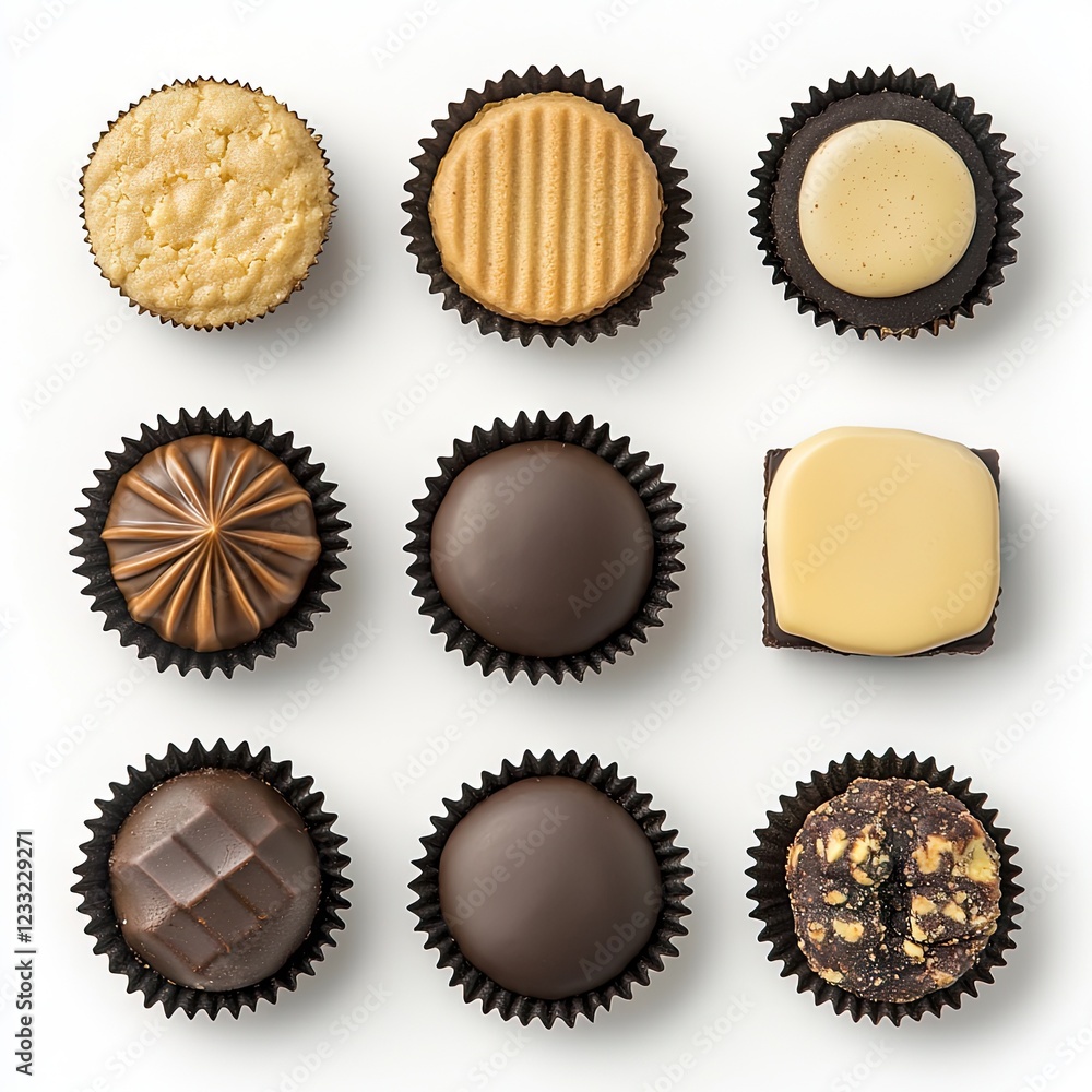 Assorted chocolates, studio shot, white background, confectionery, food photography, website use Assorted chocolates, studio shot, white background, confectionery, food photography, website use