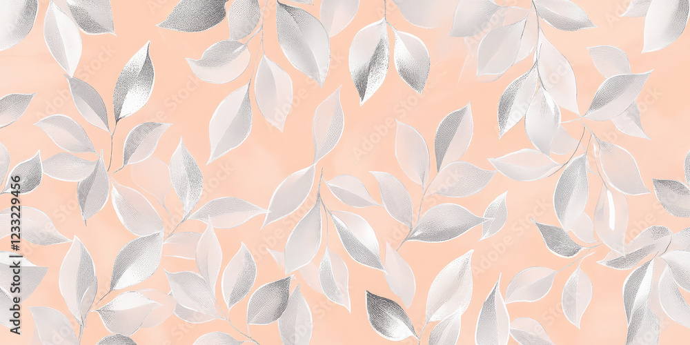 Abstract pastel peach and silver floral pattern with delicate overlapping leaves. Abstract pastel peach and silver floral pattern with delicate overlapping leaves.
