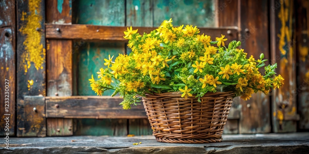 Fototapeta premium Bunch of St. John's Wort Herb in a Wicker Basket on Rustic Metal Door - Retro Still Life Photography