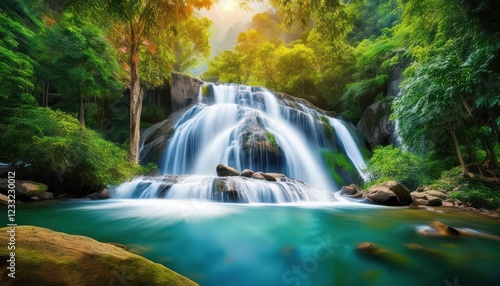 Lush Tropical Setting Khlong Lan Waterfall Amidst the Vibrant Thai Rainforest Jungle, Showcasing a Majestic Cascade in the Heart of Natures Splendor.