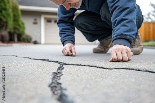 Man inspecting cracked asphalt driveway. Shows damage needing repair or replacement.