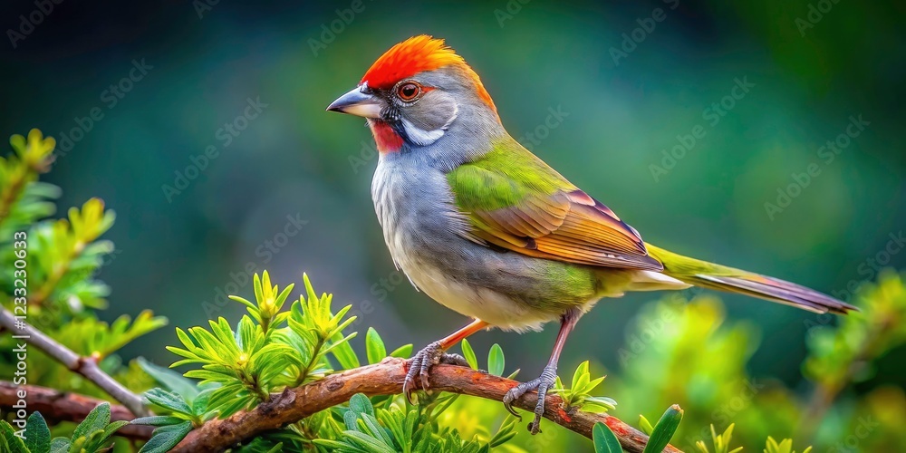 Obraz premium Captivating Drone Photography of a Green-tailed Towhee Posing in its Natural Habitat, Showcasing Vibrant Colors and Unique Features of this Beautiful Bird Species