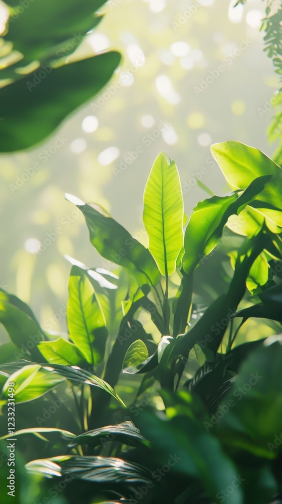 Tropical Foliage Close-Up with Sunlight: Peaceful Nature Background and Lush Greenery Tropical Foliage Close-Up with Sunlight: Peaceful Nature Background and Lush Greenery