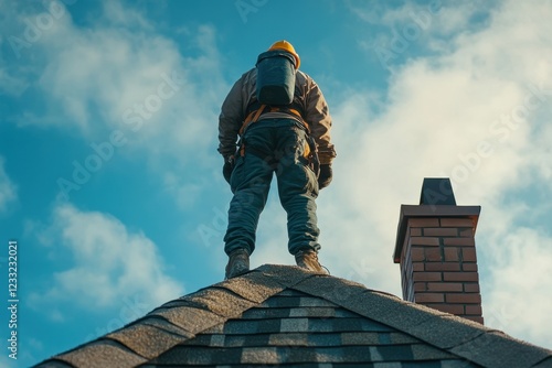 Wallpaper Mural Roofing worker stands on a new roof, wearing safety gear. This image depicts professional roofing and construction. Torontodigital.ca