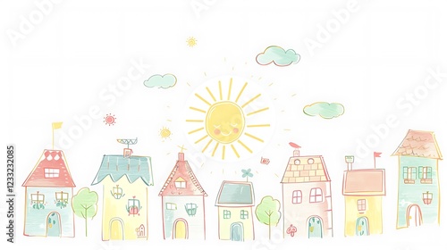 A charming hand-drawn children’s book illustration featuring a happy sun shining over a small village, drawn in a flat, 2D style with soft pastel colors, isolated on a plain white background 