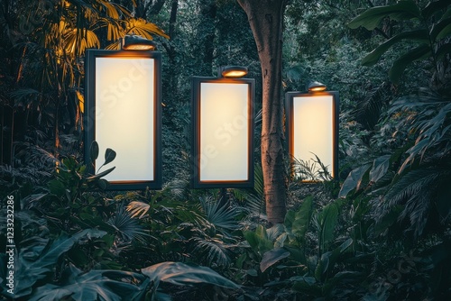 Fototapeta Naklejka Na Ścianę i Meble -  Three illuminated blank billboards stand amidst lush tropical foliage. Perfect for advertising, mockups, or showcasing tropical settings.
