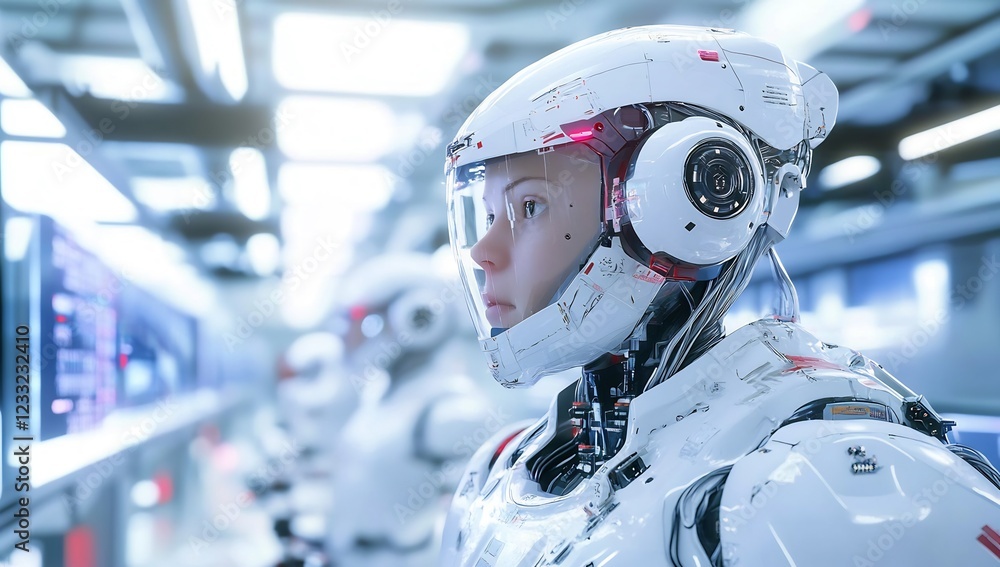 Female cyborg monitors robots in futuristic lab Female cyborg monitors robots in futuristic lab