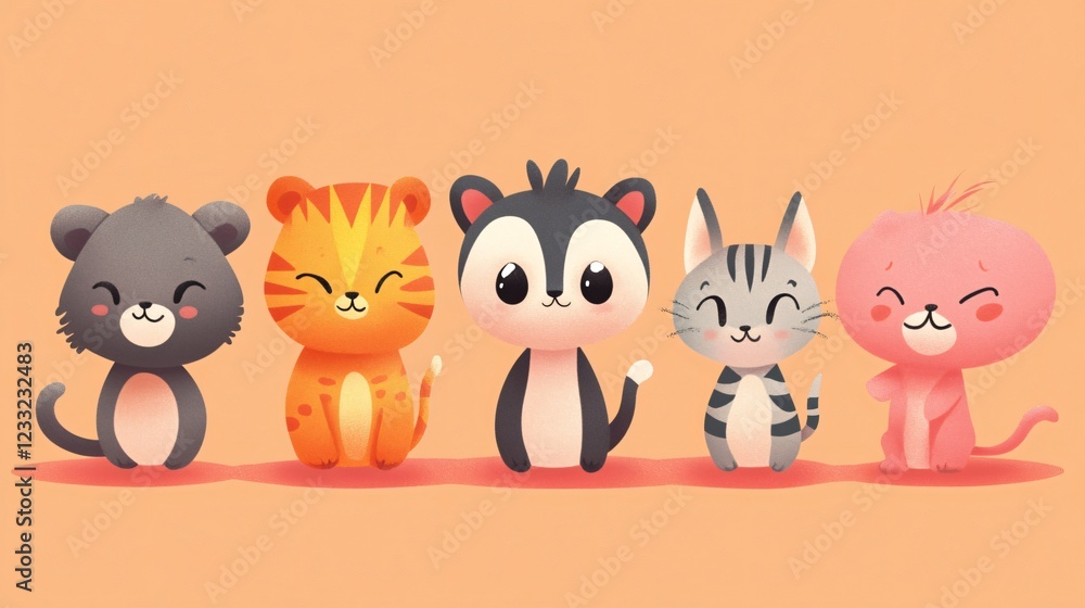 Obraz premium Adorable Flat Vector Illustration of Five Cute Animal Characters for Design Projects