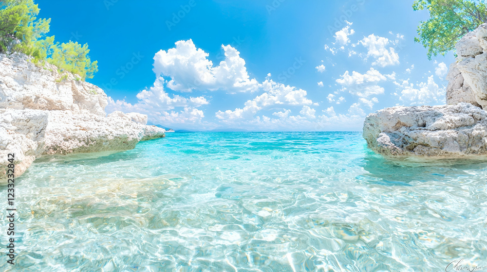 Fototapeta premium Turquoise water, rocky cove, sunny sky, summer vacation