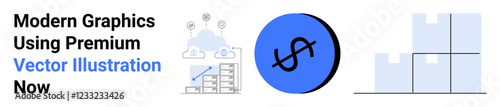 Data chart with cloud icons, bold blue dollar sign, abstract geometric blocks. Ideal for finance, technology, startups, business strategy, analytics, marketing web services flat landing page banner