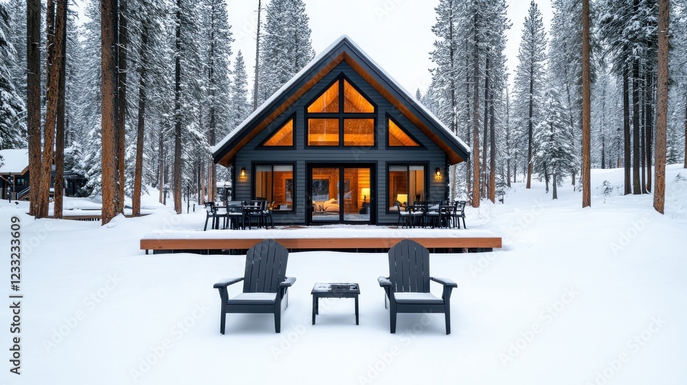 Cozy Snowy Cabin Nestled in Picturesque Forest with Warm Lighting and Inviting Patio A serene and rustic retreat offering a peaceful escape from the world surrounded by the beauty of nature Cozy Snowy Cabin Nestled in Picturesque Forest with Warm Lighting and Inviting Patio A serene and rustic retreat offering a peaceful escape from the world surrounded by the beauty of nature