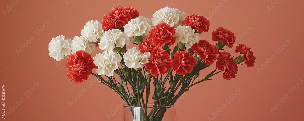 Obraz premium Red and white carnations bouquet, coral background, floral arrangement, gift