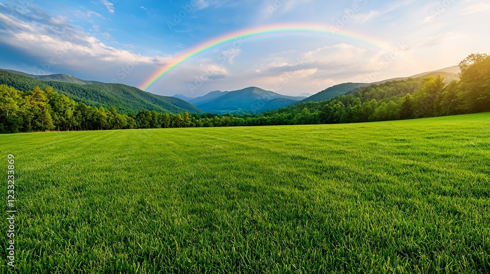 Fototapeta premium Lush Green Field Under Vibrant Rainbow Across Majestic Mountains