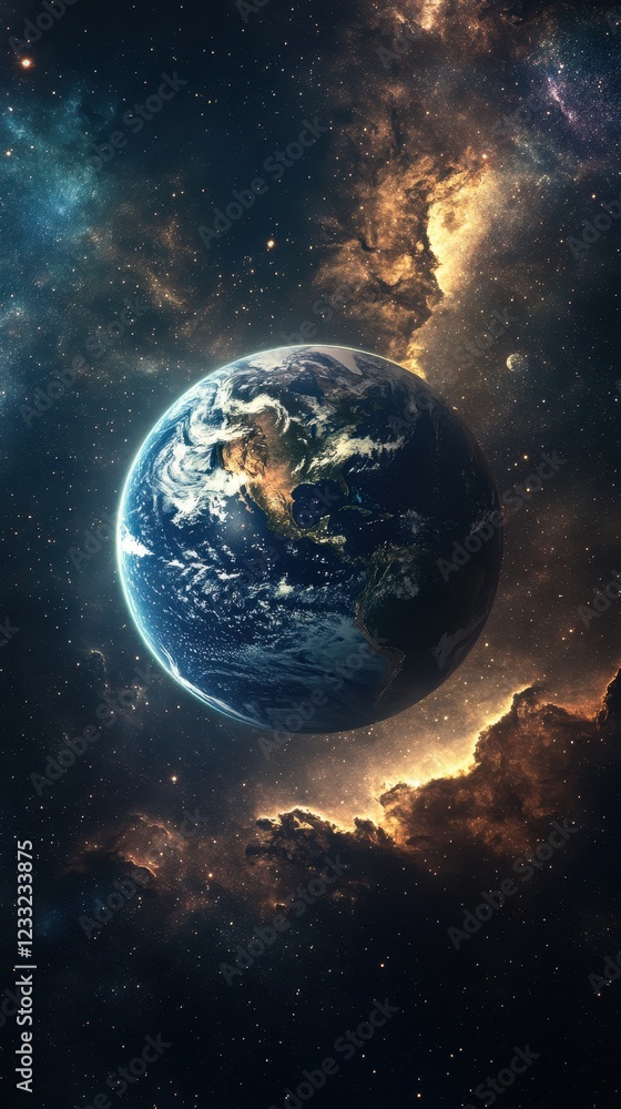 Naklejka premium Planet Earth viewed from space with colorful cosmic backdrop and stars illuminating the vast universe