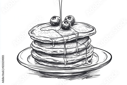 Line Drawing of Blueberry Pancakes Dripping with Syrup