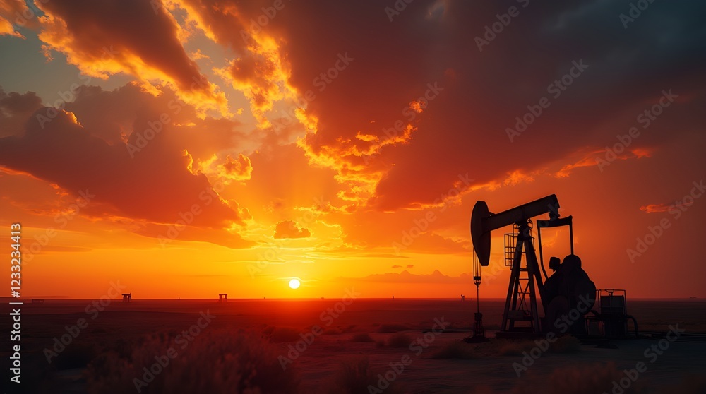 Dramatic Sunset with Oil Pump Silhouette and Fiery Sky Dramatic Sunset with Oil Pump Silhouette and Fiery Sky