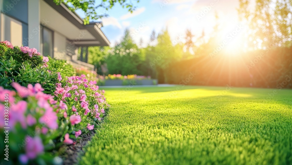 Obraz premium Serene Suburban Garden: A Summer's Day in Bloom