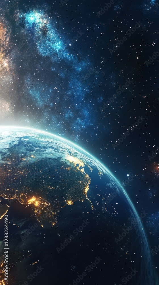 Obraz premium Planet Earth viewed from space with colorful cosmic backdrop and stars illuminating the vast universe