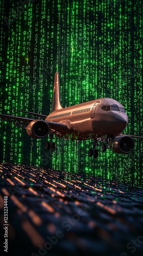 Airplane in Cyber Environment with Green Binary Code Background