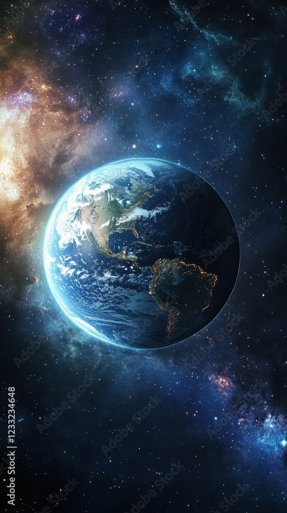 Fototapeta premium Planet Earth viewed from space with colorful cosmic backdrop and stars illuminating the vast universe