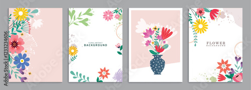 Flower floral card clipart background set. Spring flowers drawing clip art for greetings, invitation and wallpaper card poster collection. Vector illustration editable floral background.  
