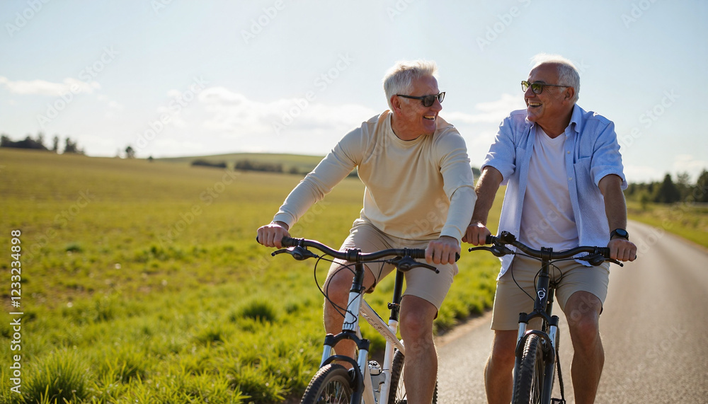 Obraz premium Happy seniors riding bikes on sunny countryside road