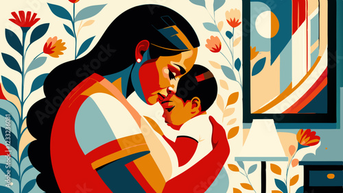 Flat vector illustration of mother embracing child in stylized graphic with floral elements, symbolizing love, care, and motherhood.
Concepts: motherhood, family, parenting, maternal love, affection
