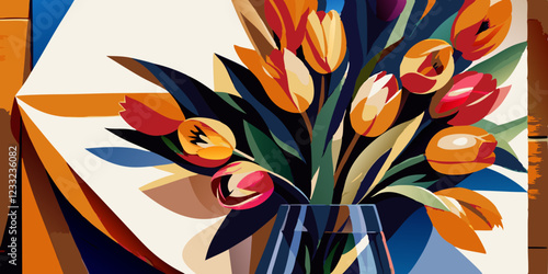 Vibrant tulip bouquet in glass vase against geometric background. Modern still life with bold orange, red and yellow blooms. Concept of: interior design, floral art, home decor