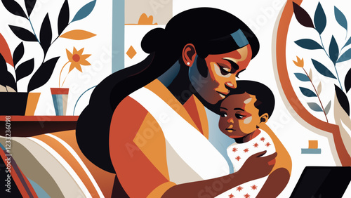 A mother cradling infant in intimate home setting. Contemplative maternal gaze downward shows emotional depth against decorative plant background. Concept of: maternal health, family services