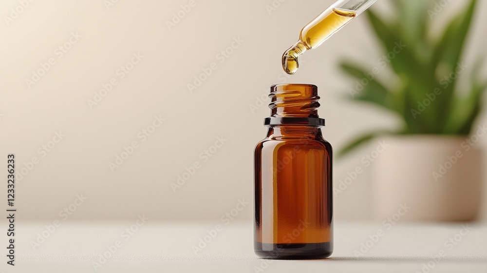 Close up of an amber glass bottle with a glass dropper releasing a transparent liquid serum Concept of natural skincare healthcare and wellness products essential oils botanical ingredients Close up of an amber glass bottle with a glass dropper releasing a transparent liquid serum Concept of natural skincare healthcare and wellness products essential oils botanical ingredients