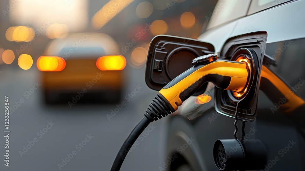 Close up image of an illuminated electric car charging port glowing with a bright futuristic light in the night Close up image of an illuminated electric car charging port glowing with a bright futuristic light in the night