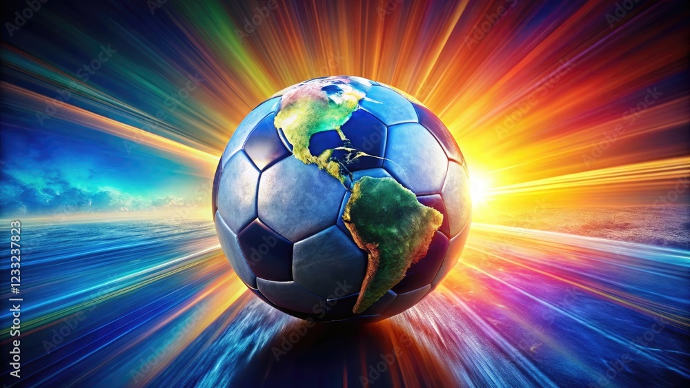 Obraz premium Soccer Ball Earth Concept with Rotating Animation, Flashing Lights, and Vibrant Colors for Dynamic Visuals