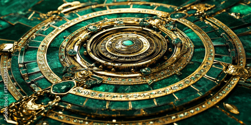 Wallpaper Mural Luxurious emerald green and gold circular geometric design with intricate accents. Torontodigital.ca