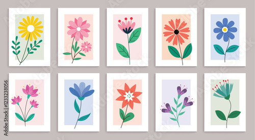 Flower floral frame clipart poster set. Spring flowers drawing clip art collection like daffodil, chamomile, daisy, narcissus and crocus flat elements for home decoration wallpaper.