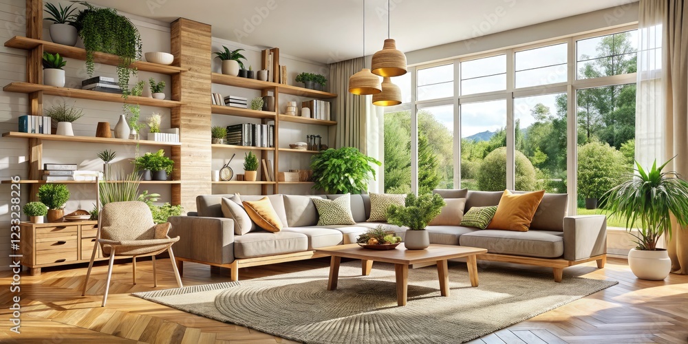 Fototapeta premium Spacious Scandinavian Living Room with Minimalist Open Shelving and Natural Materials - Modern Interior Design Inspiration