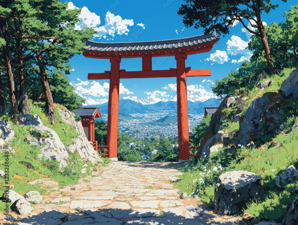 A serene pathway leading through a torii gate, overlooking a vibrant landscape. A serene pathway leading through a torii gate, overlooking a vibrant landscape.