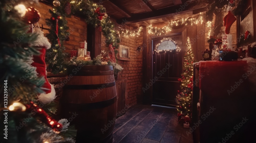 A cozy Christmas scene with a wooden barrel, decorated Christmas tree, and festive lights. A cozy Christmas scene with a wooden barrel, decorated Christmas tree, and festive lights.